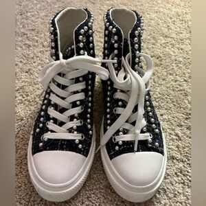 Stuart Weitzman Tweed High-Top Sneakers with Pearl Accents